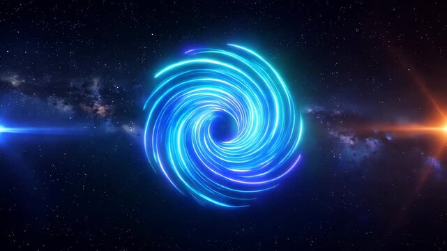 Neon blue digital spiral vortex rotates dramatically in deep space with galaxy background and lens flares