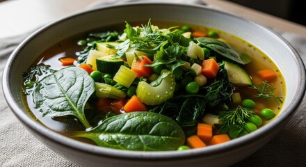 Healthy bowl brimming with fresh, colorful garden vegetables in a clear broth