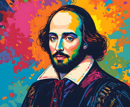 A vibrant modern portrait of William Shakespeare rendered in bold colors and artistic splashes.