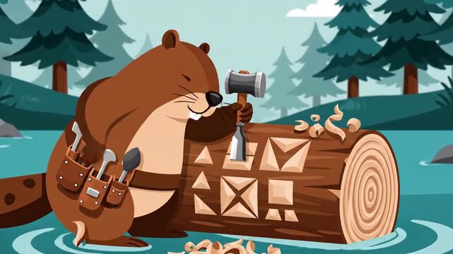 Animated Beaver Crafting Wood In Forest Cartoon Style With Tools And Geometric Pattern