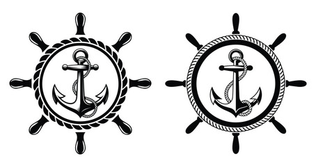 Ship's steering wheel and an anchor, Ship s wheel anchor and rope, symbols are commonly used in nautical, marine, and maritime themes design, elements for posters, banners, emblems, or logos © magic390