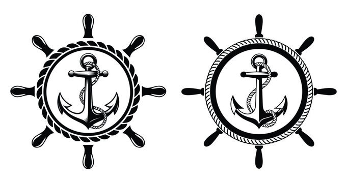 Ship's steering wheel and an anchor, Ship s wheel anchor and rope, symbols are commonly used in nautical, marine, and maritime themes design, elements for posters, banners, emblems, or logos