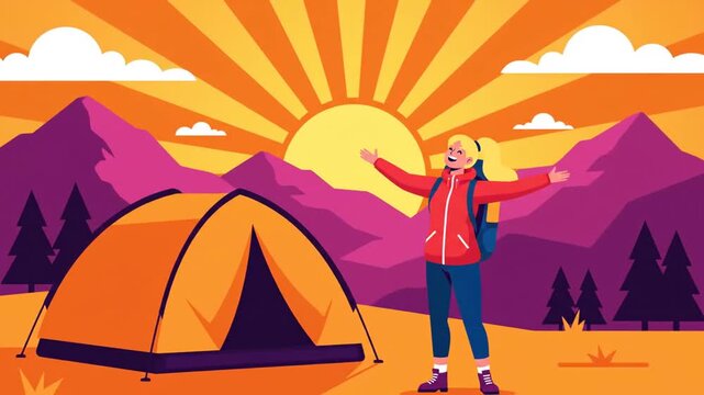 Animated Adventure Scene Of A Woman And Her Tent In A Vibrant Mountain Landscape