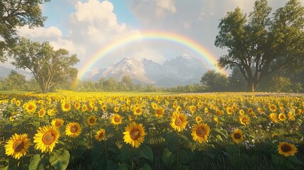 Vibrant sunflower field with a rainbow and mountain backdrop on a sunny day.