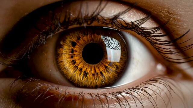Intense hazel brown human eye with detailed golden iris intricate patterns deep black pupil sharp white sclera and subtle skin texture