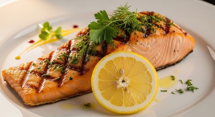Grilled salmon fillet with fresh herbs and a lemon slice served on a white plate
