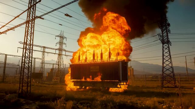 Massive orange fireball explosion engulfing electrical substation transformer with thick black smoke rising against power lines and towers at sunset