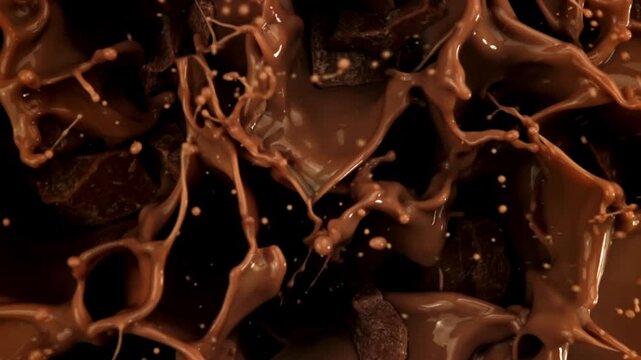 Super slow motion dark chocolate chunks fall into liquid chocolate . Filmed on a high-speed camera at 1000 fps. High quality FullHD footage