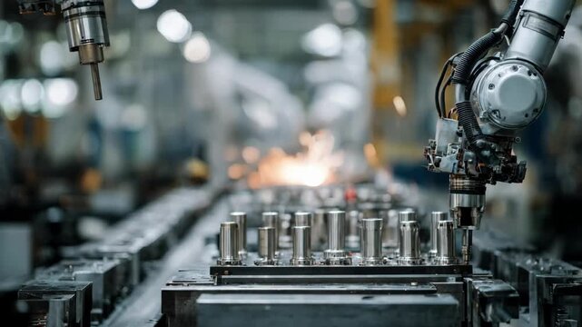 Medium shot of collaborative robots assembling intricate metal parts in a foundry showcasing automation enhancing precision and safety in repetitive manufacturing tasks.