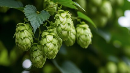 Fresh green hop cones on vine