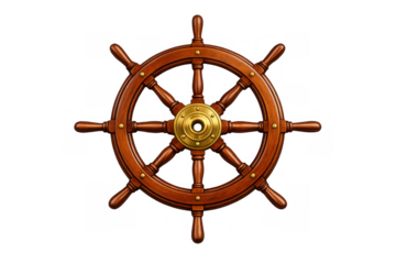 Ship wheel in wood and brass, representing control, leadership, nautical travel, and steering a clear course