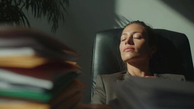 Serene businesswoman office taking peaceful break, relaxing black chair with sunlight face, stack of documents and folders foreground, cinematic close up, enjoying relaxation serene workspace