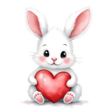 Cute cartoon bunny holding red heart with pink cheeks and paw pads on white background