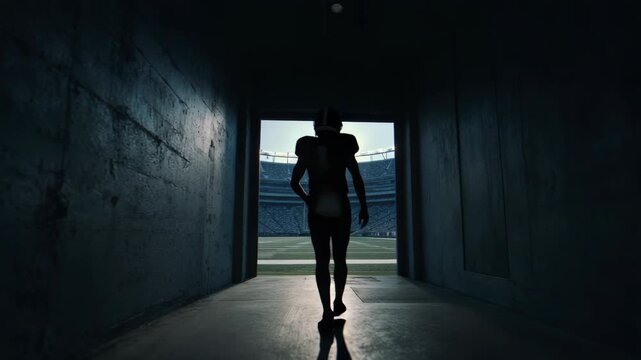Silhouette of football player walking through dark tunnel towards field, dramatic lighting and sunlight illuminate stadium, anticipation and determination fill atmosphere, athlete sports focus