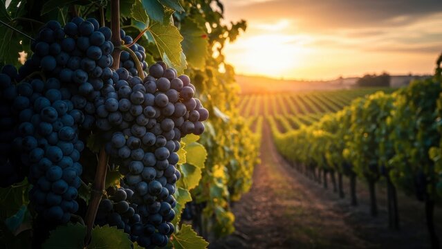 Sunset over vineyard with ripe grapes - Powered by Adobe
