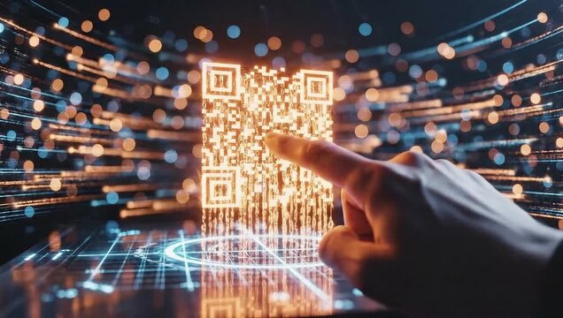 A glowing qr code with a hand hovering over a digital grid