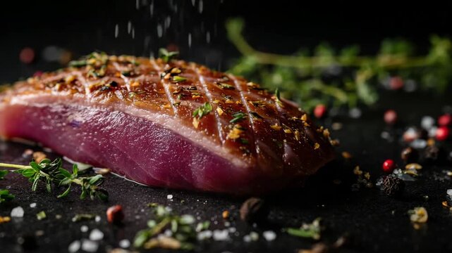 Raw duck breast macro closeup with crosshatch skin, raw meat, seasoning, fresh herbs, coarse salt, pepper, and spices on black slate, gourmet culinary detail, cinematic kitchen inspiration