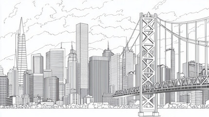 Fototapeta premium Detailed line drawing of city skyline featuring tall skyscrapers and prominent bridge. illustration captures architectural diversity and urban