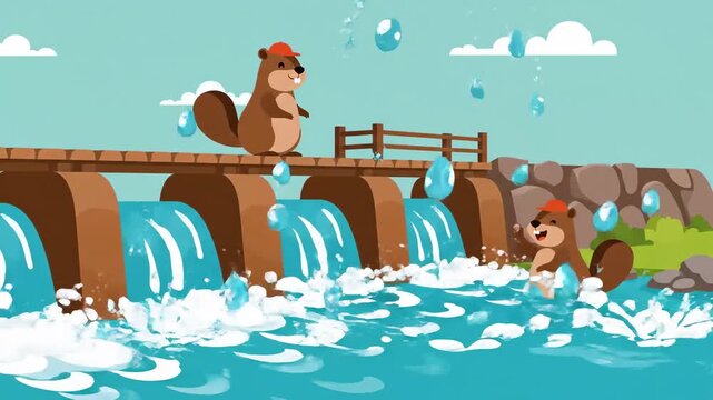 Animated Beavers Playing Near Waterfall Cartoon Style River Adventure Reservoir