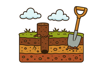 Ground layers show soil types and a shovel ready for digging at a construction site in the countryside