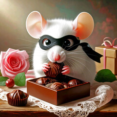 Sneaky little Mouse nibbling on a piece of Chocolate