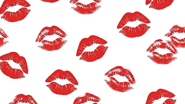 Vibrant red lipstick kiss marks create a playful and romantic pattern on a clean white background.