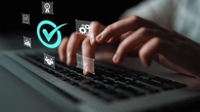 Hands Typing on Laptop with Overlay Icons of Business Tools and Analytics for Productivity and Success in Digital Environment Gluon.