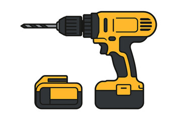 Cordless drill and battery placed next to each other on a white background showing power tools for home improvement tasks