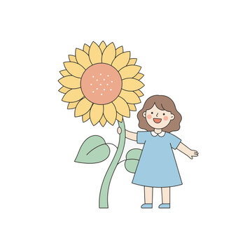 Girl with large sunflower vector illustration. Flat design cartoon character in soft pastel colors. Isolated on transparent background