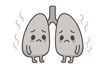 Fototapeta premium Cartoon lungs showing sadness with frowning faces and shaking features representing worries about health and pollution