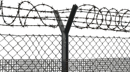High security chain link fence with razor barbed wire coils, prison border protection, restricted area illustration design