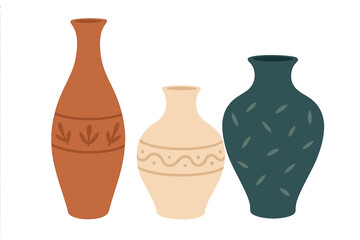 Three clay vases with different shapes and designs on a plain background in a simple artistic style
