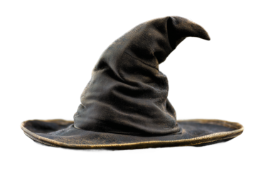 Black witch hat with worn fabric texture isolated on dark background, mystical Halloween symbol