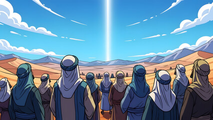 People in Traditional Arabic Clothing Observing a Heavenly Beam of Light in the Desert Illustration