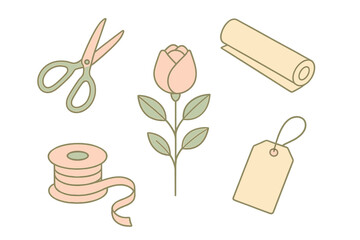 Crafting tools and materials are arranged on a white background for various projects involving floral design and decoration