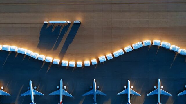 Aerial View of Aircrafts and Cargo: An Insightful Look at Airport Operations with Planes Parked in Rows and a Transport Vehicle Moving Along Cargo Containers