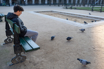 A teenager in a black jacket sits on a park bench, looking down thoughtfully as several pigeons gather and peck at the ground in front of him in an urban plaza © Javier