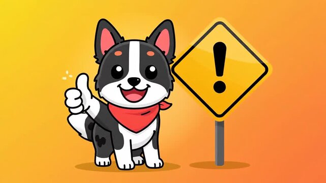 Animated Border Collie Expressing Alertness And Positivity Near A Warning Sign Cartoon Style