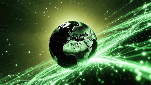 Digital Earth globe with glowing green light trails - Powered by Adobe