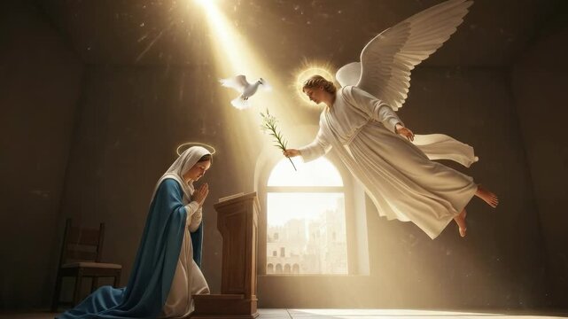Blessed Virgin Mary receives Archangel Gabriel's divine announcement, conceiving Jesus Christ, the Son of God, initiating salvation for mankind, a sacred gospel event