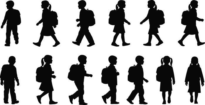 School children walking silhouettes with backpacks, students daily commute routine concept, education lifestyle illustration design - Powered by Adobe