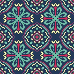 Fototapeta premium Seamless Folk Floral Pattern with Geometric Ornament on Dark Blue Background