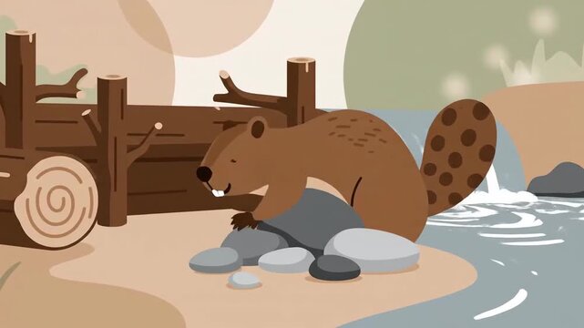 Animated Beaver Building a Dam by Waterfall Stream Cute Cartoon Style For Childrens Projects