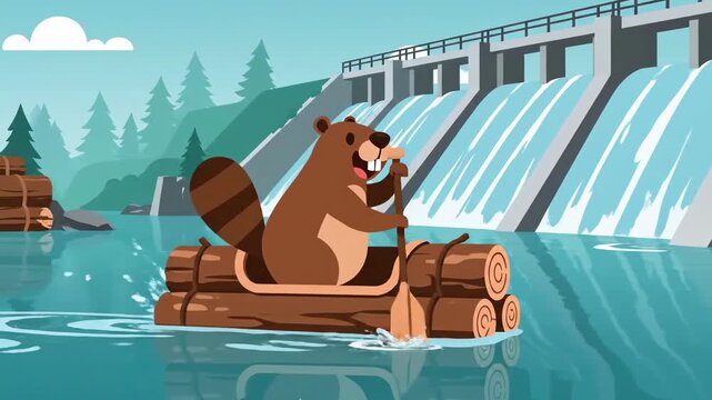 Animated Beaver Adventures River Dam Cartoon Footage On A Rustic Raft Cartoon Style
