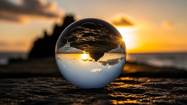 Crystal ball on beach capturing inverted sunset scene