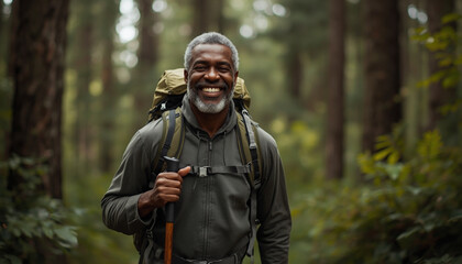 Obraz premium A smiling older man with a backpack hiking in a forest