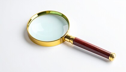 Magnifying glass with gold rim and red handle on white surface, symbolizing investigation and analytical focus.