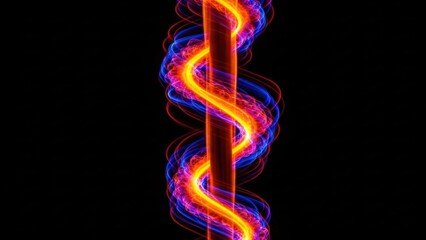 Abstract glowing light beam in a vibrant, swirling helix pattern of orange, yellow, and blue colors against a solid black background, representing energy, technology, or a futuristic concept