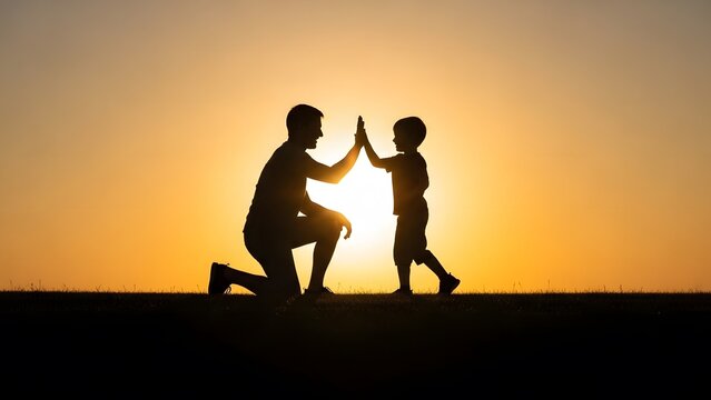 Silhouette of a man and a child high fiving at sunset