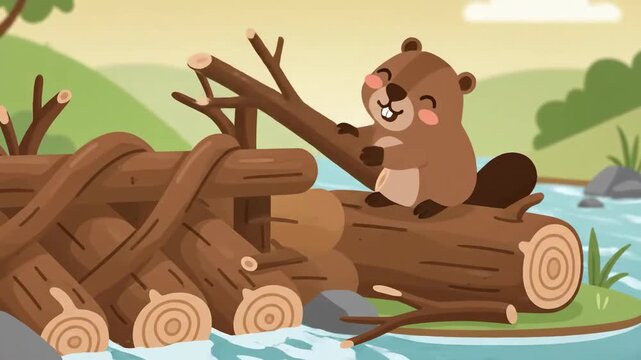 Animated Beaver Building A Log Dam In A Forest River Cartoon Style Illustration